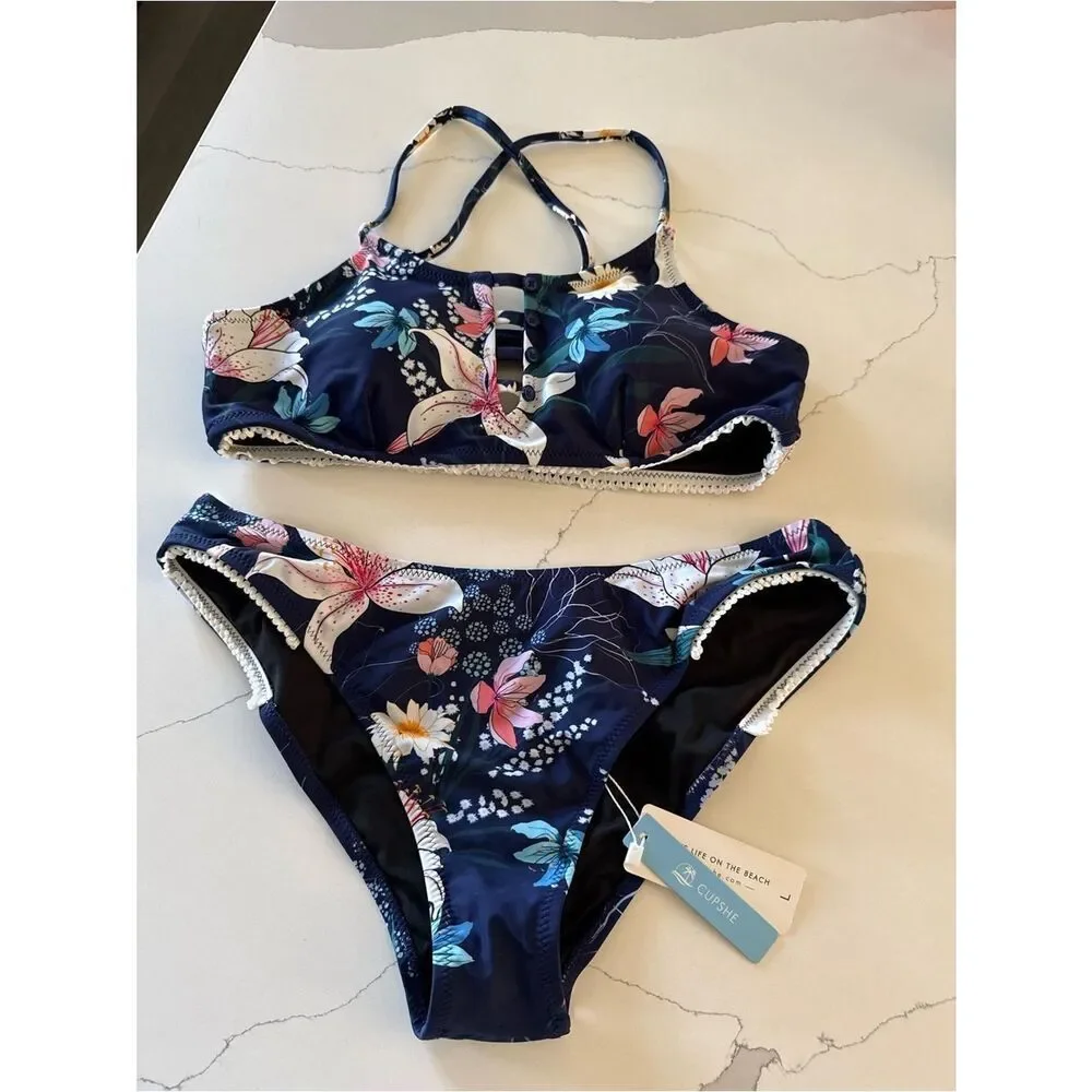 CUPSHE Navy Floral Cutout Bikini | Women’s Large ✨ NEW WITH TAGS